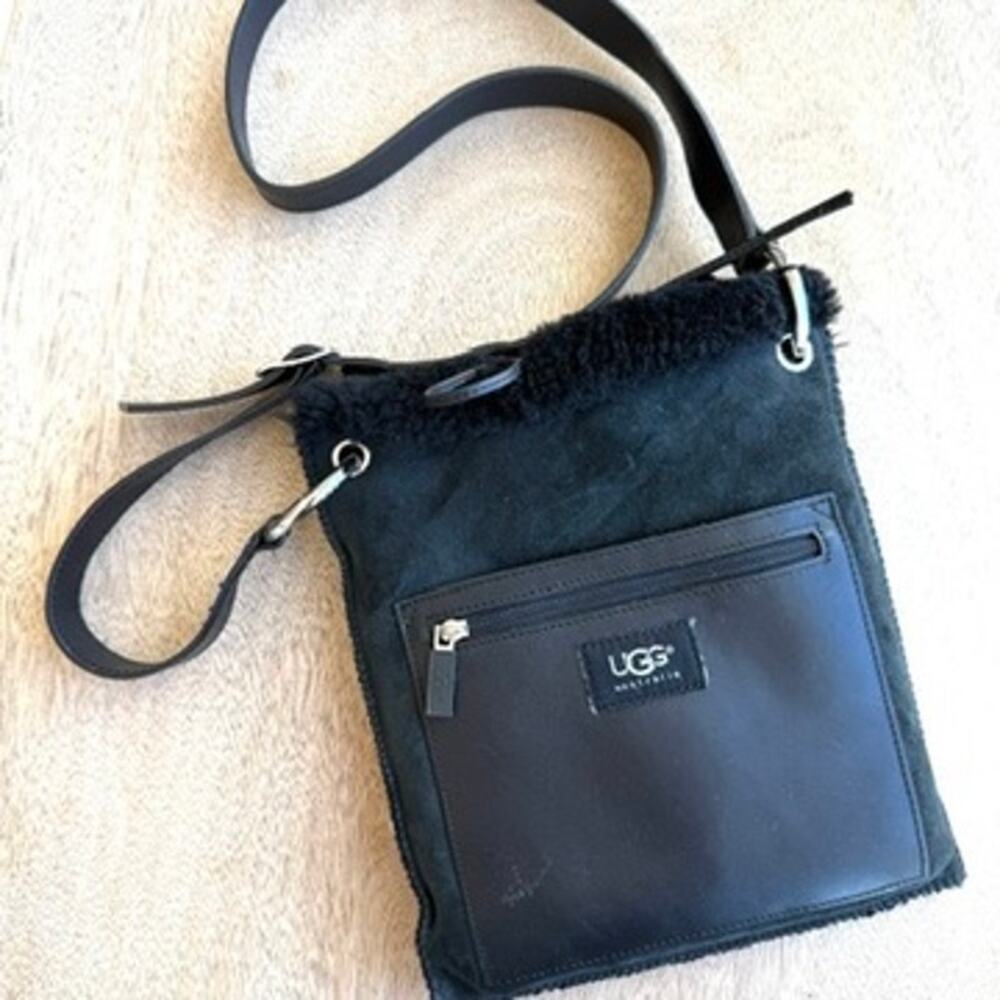 UGG Australia Shearling Leather Crossbody Bag Black Suede Adjustable Strap Luxe